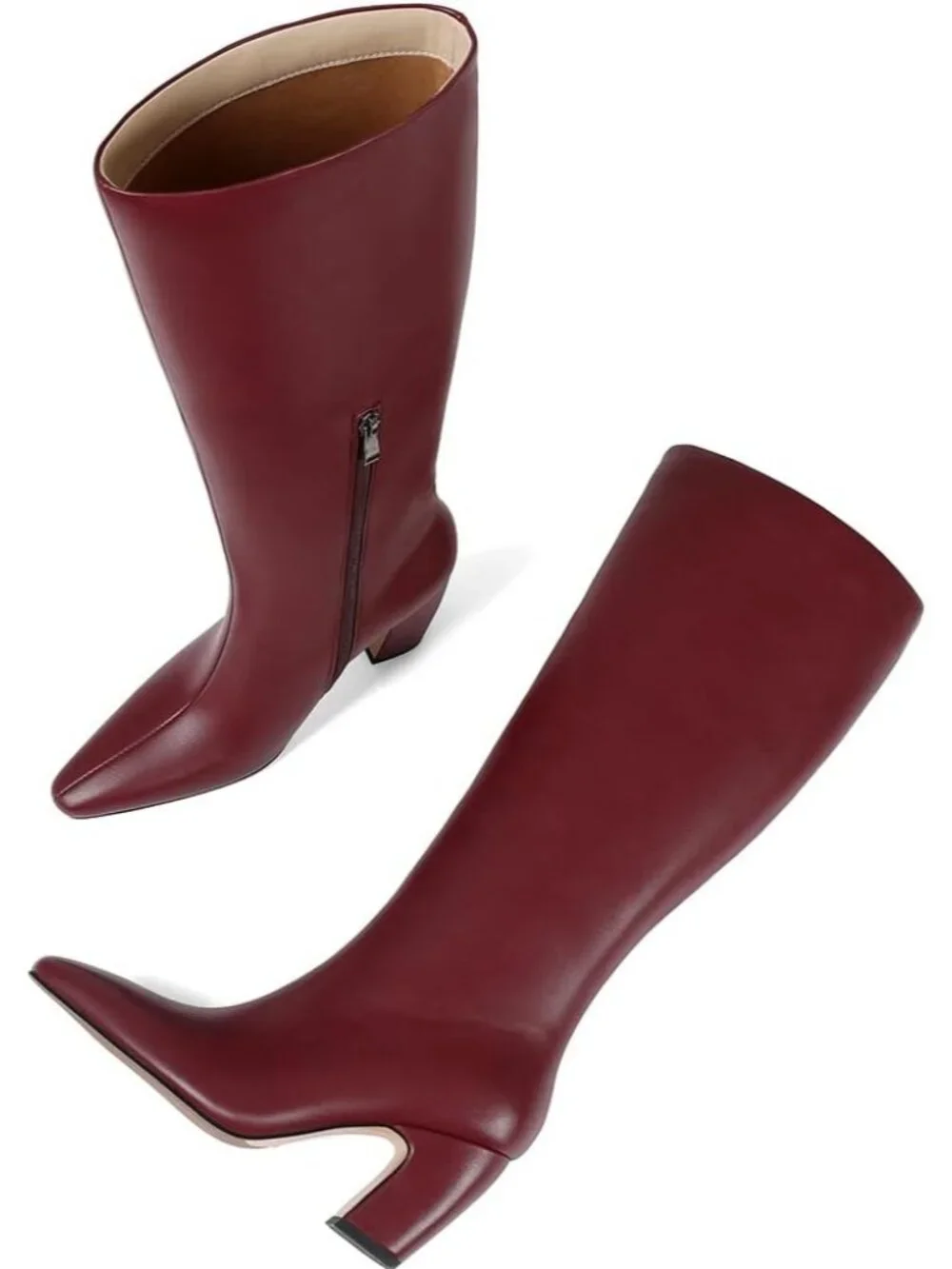 Women's Winered Faux Leather Comfortable Square Toe Chunky High Knee High Boots